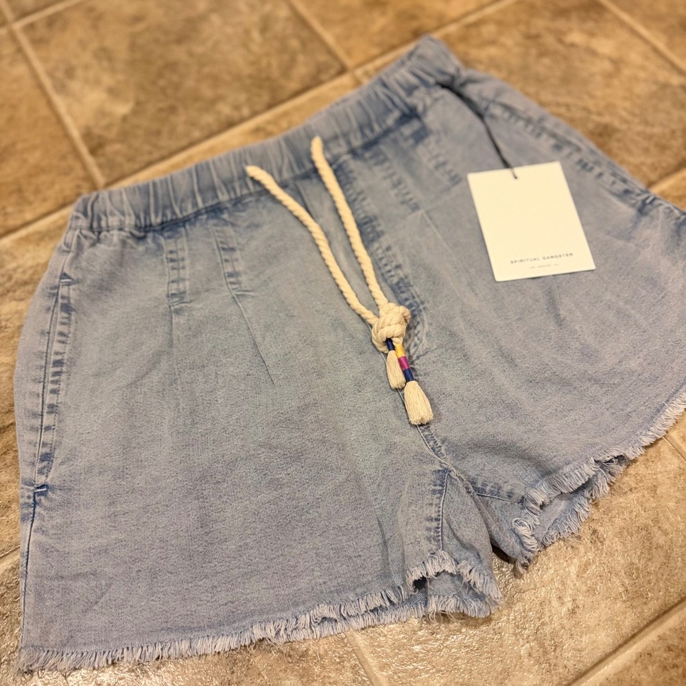 Spiritual Gangster Meadow Chambray Shorts XS Light Blue Tencel Elastic Waist NEW